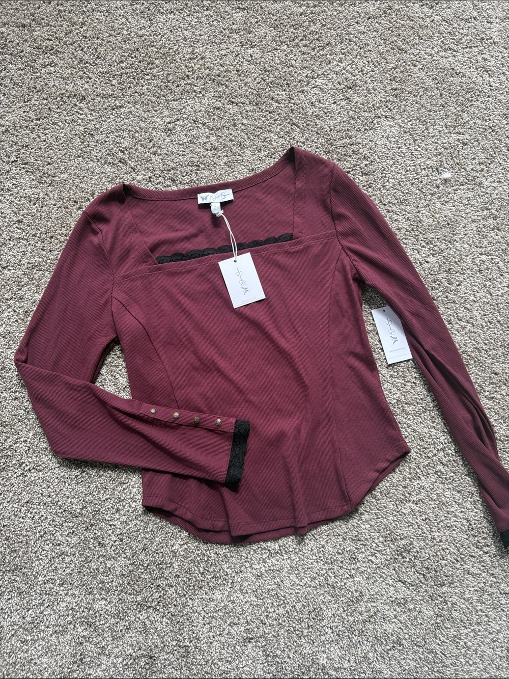 Jessica Simpson Burgundy Long Sleeve Square Neck Top with Black Lace Trim